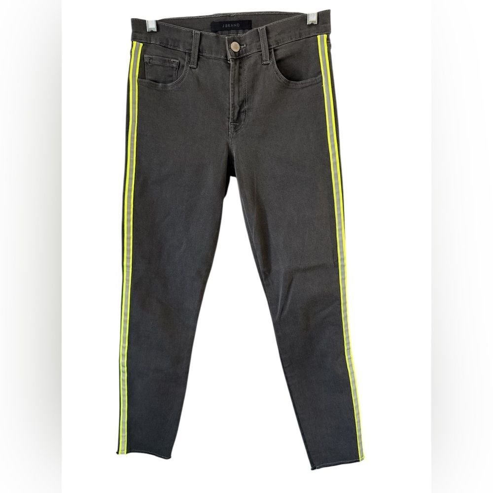 J Brand Gray Skinny Jeans Neon Yellow Side Stripe Racer Style Size 27